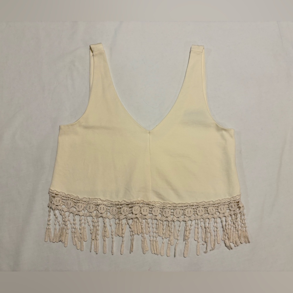 Cream crop top with fringe, M